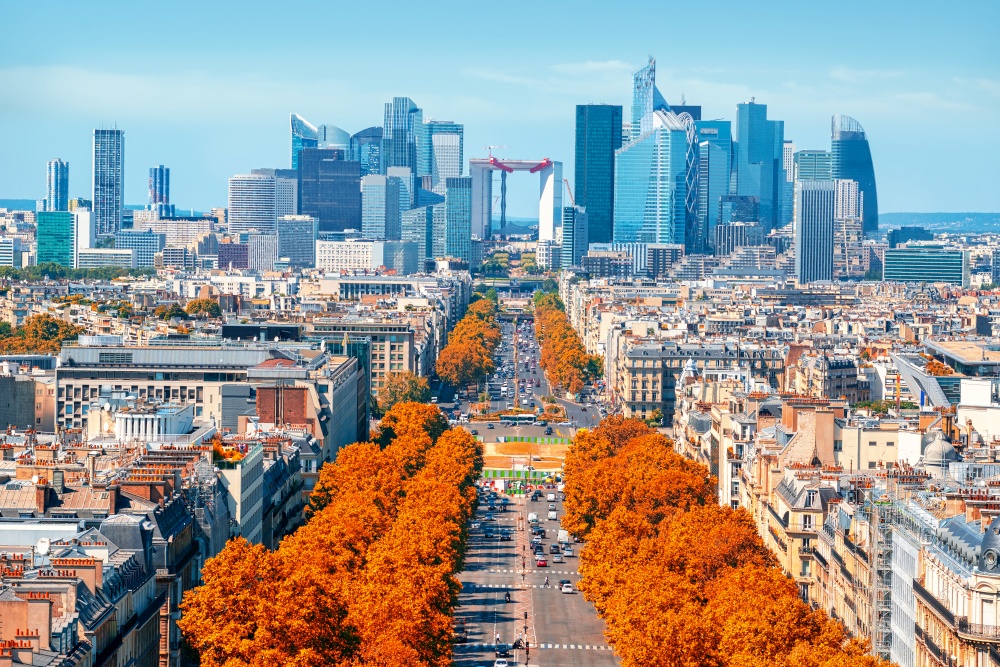 View on avenue de la Grande Armee and modern district of La Defense from Arc de Triomphe in Paris