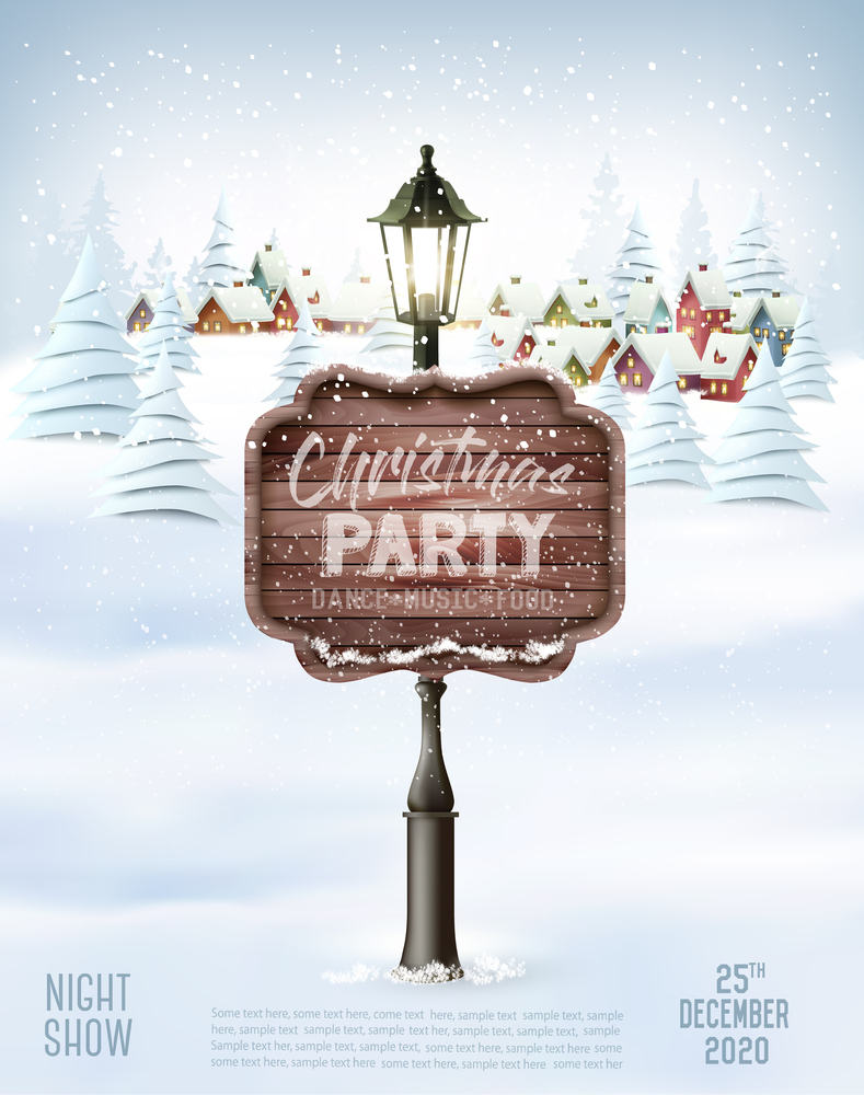 Merry Christmas and New Year holiday background with christmas landscape and wooden sign. Vector.