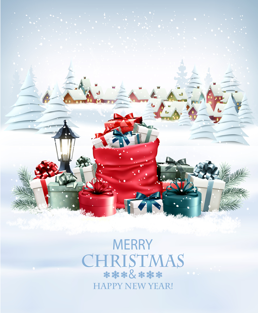Christmas holiday background with a red sack full presents and a winter village. Vector.