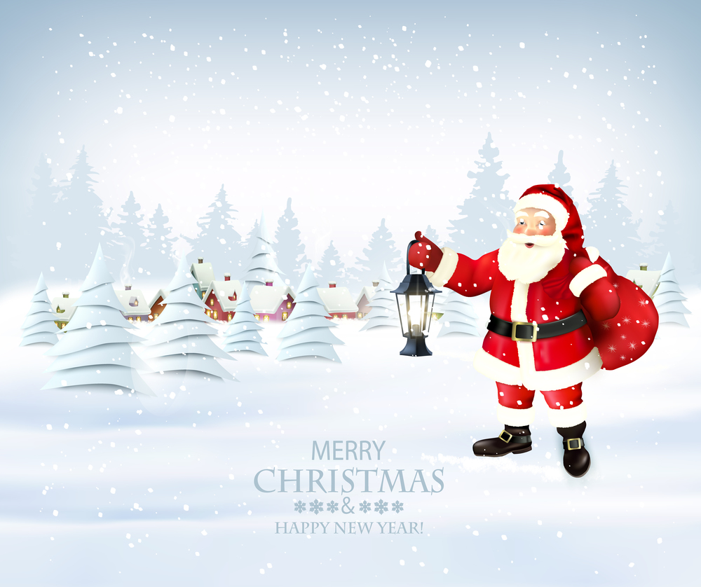Christmas holiday background with Santa Claus and a winter village. Vector.