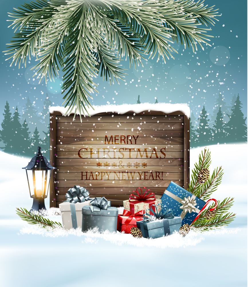 Christmas holiday background with a colorful presents and a wooden sign