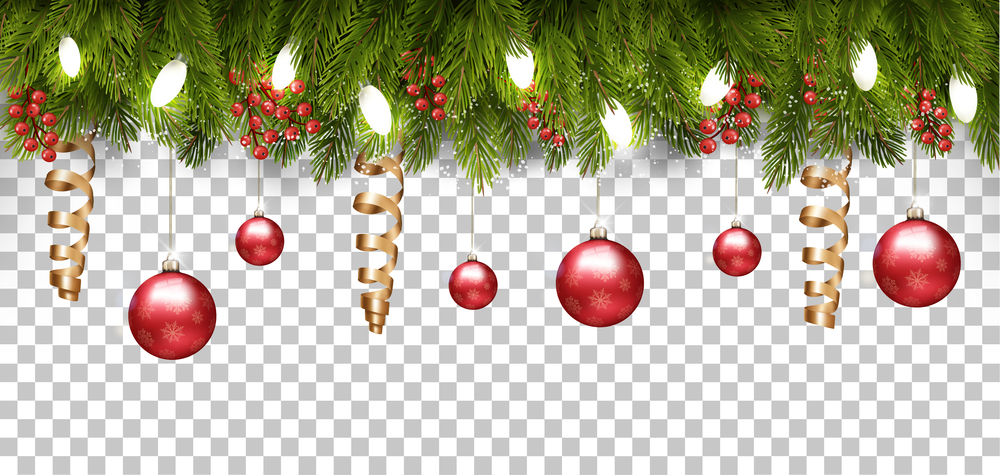 Christmas holiday frame with branches of tree and a red balls on transparent background. Vector.
