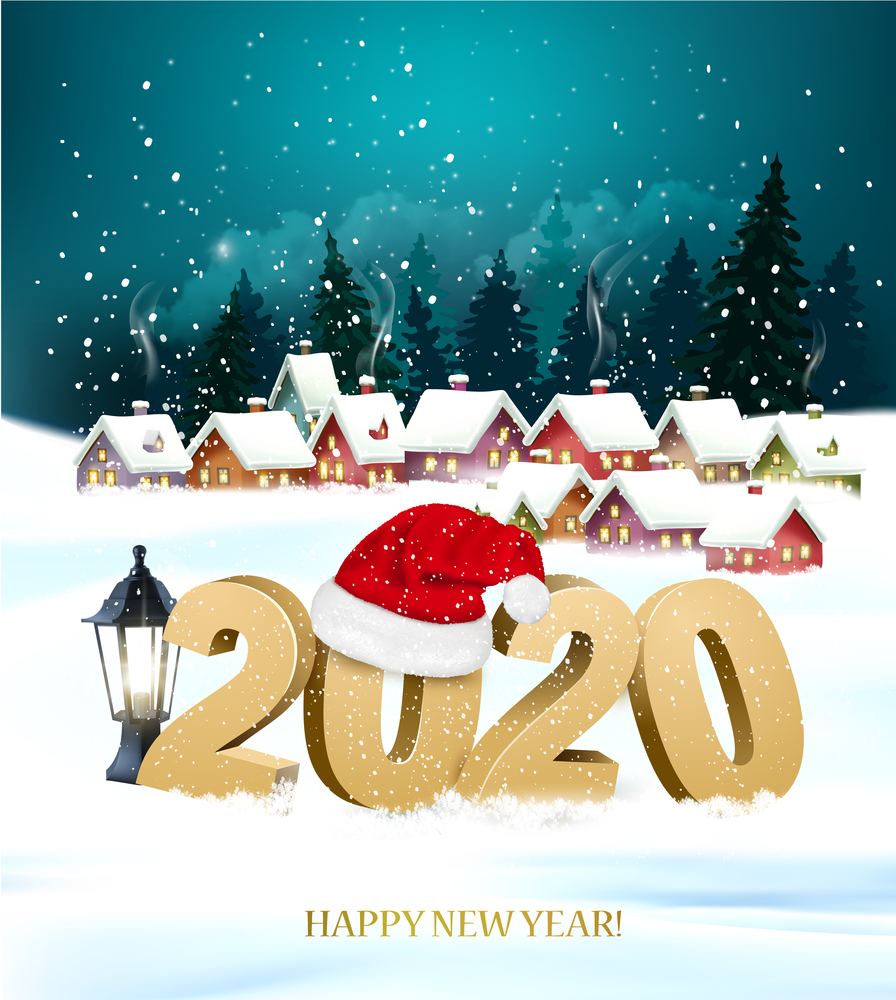 Merry Christmas and New Year holiday background with winter village and 2020 with Santa Hat. Vector.