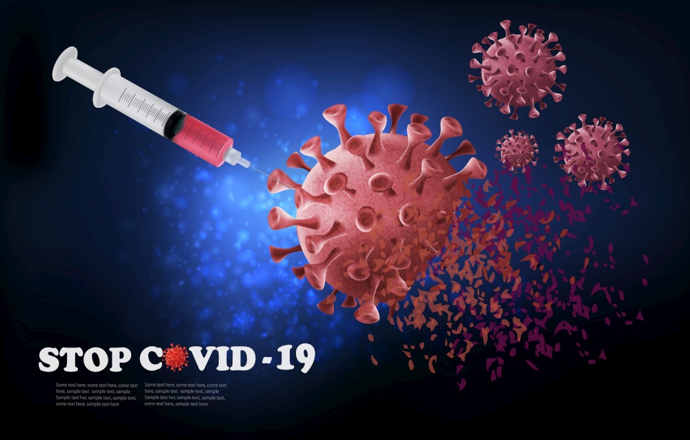 Coranavirus concept background. Syringe with vaccine destroying virus COVID - 19 molecules. Vector illustration