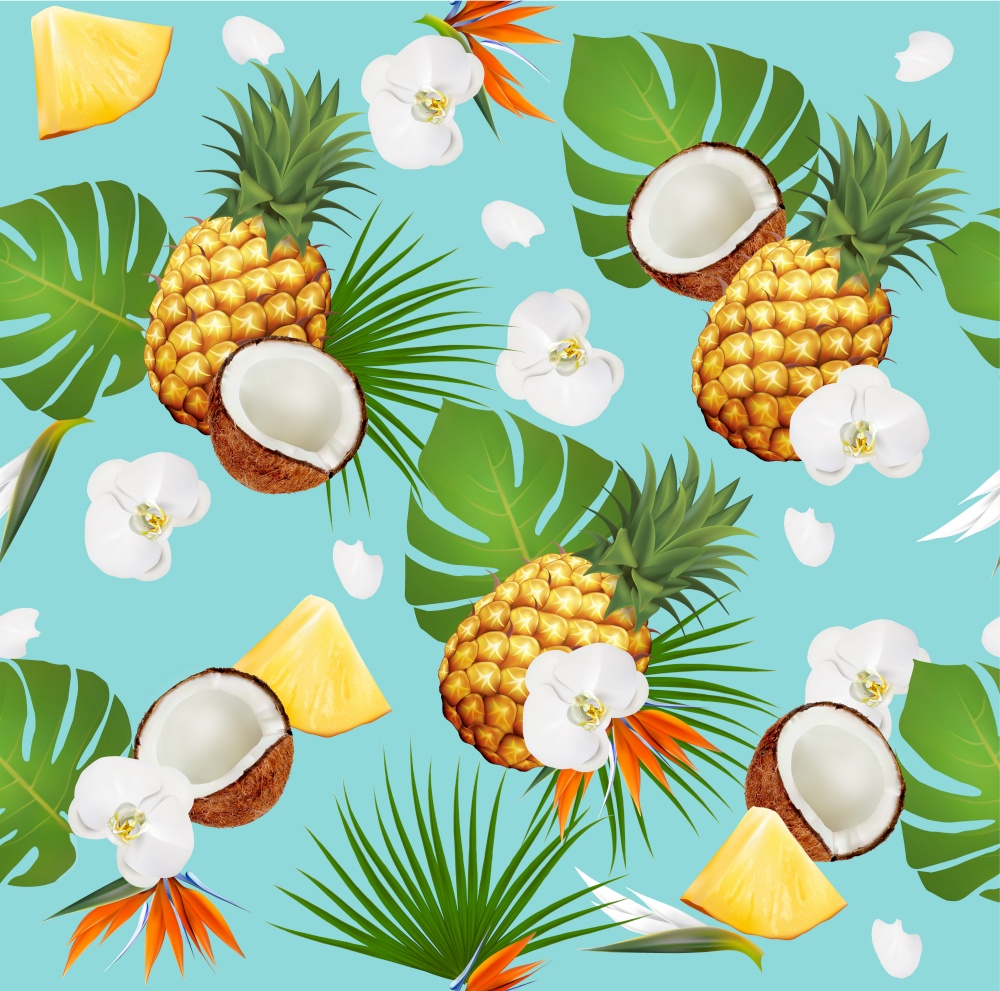 Summer tropical seamless pattern with exotic fruits and leaves. Vector