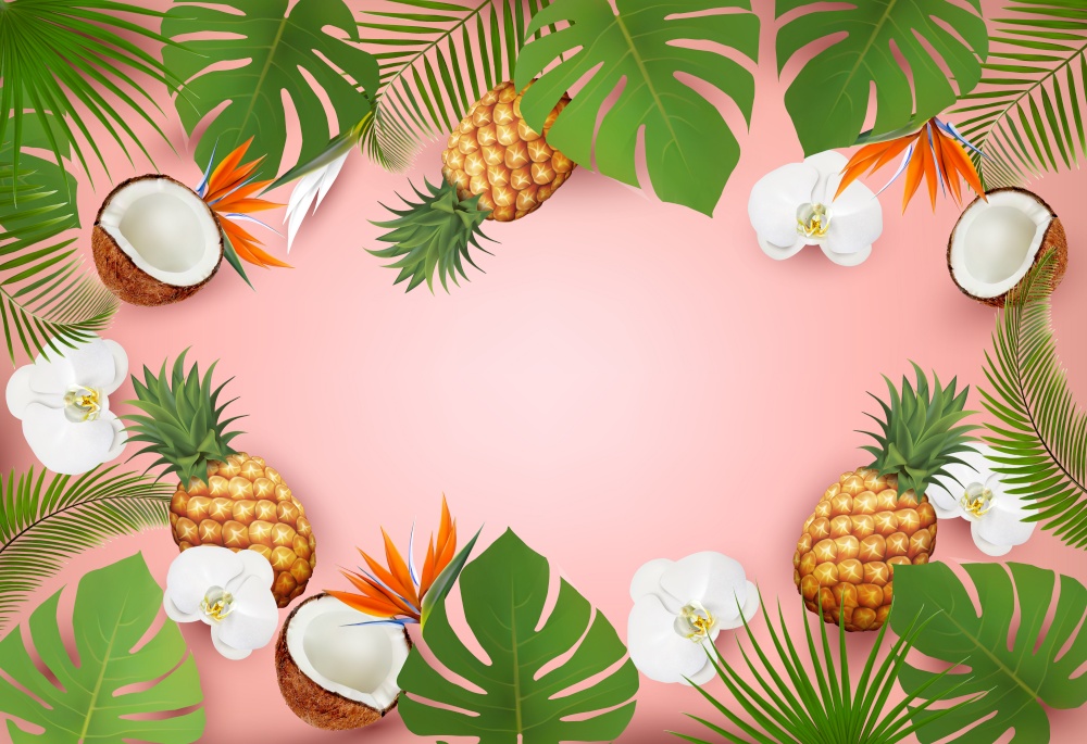 Summer tropical background with palm leaves and flowers and a exotic fruit. Vector