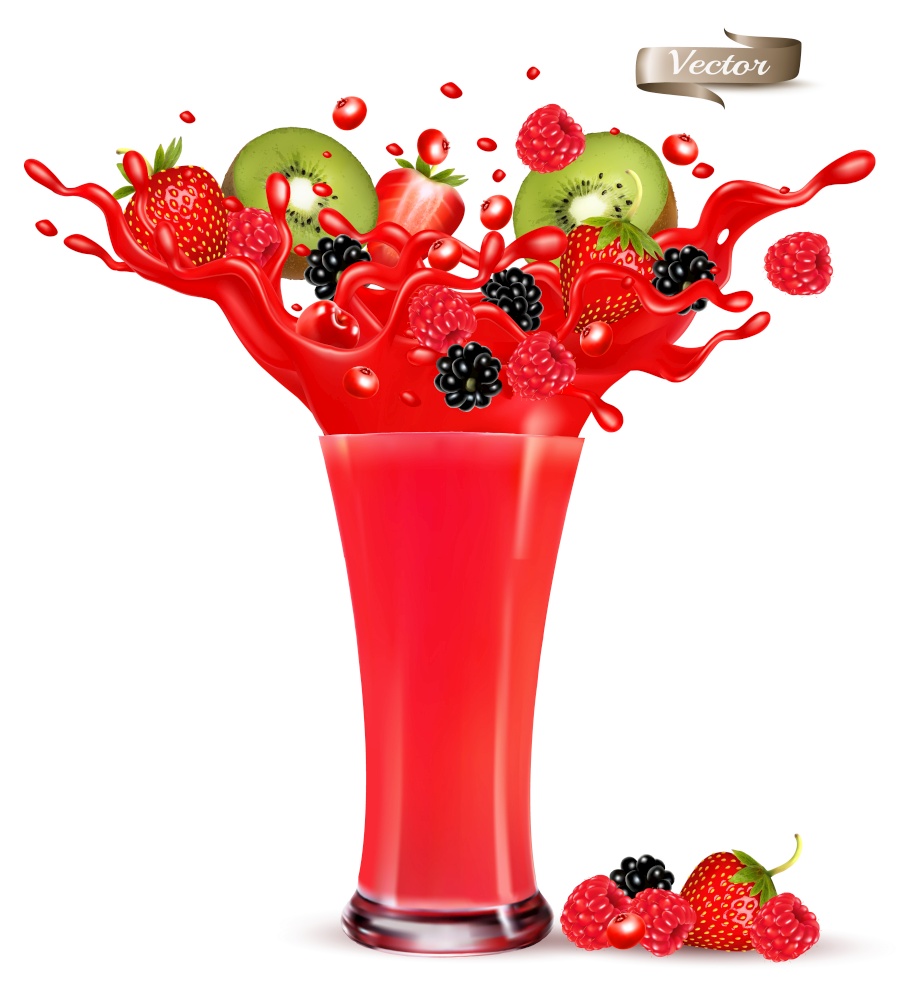 Red berry juice splash. Whole and sliced strawberry, raspberry, cherry, blackberry and kiwi in a sweet juce or syrup with splashes and drops isolated on transparent background. 3D. Vector.