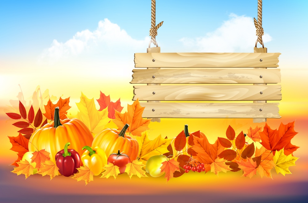 Autumn colorful background. Happy Thanksgiving holiday card with fresh vegetables and colorful autumn leaves and wooden sign. Vector.