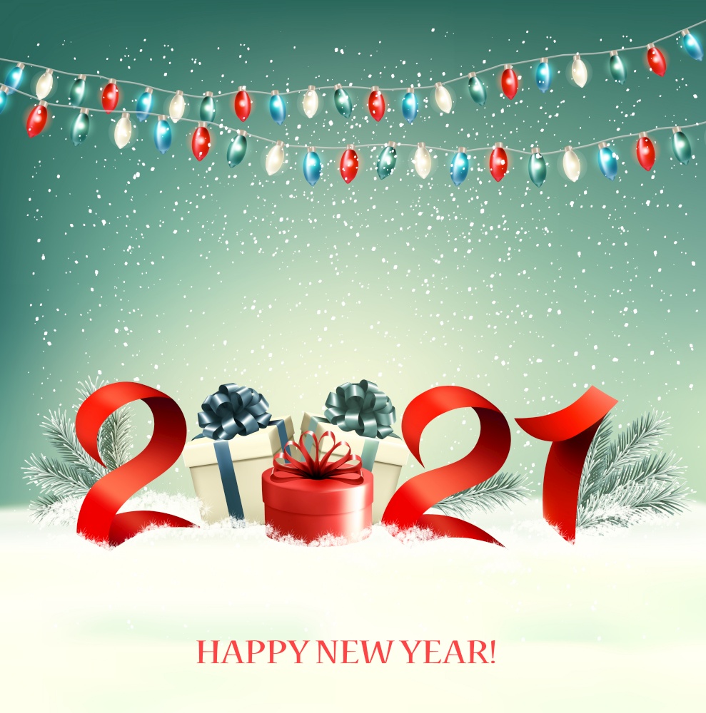 2021 New Year background with gift boxes and colorful garland. Vector.