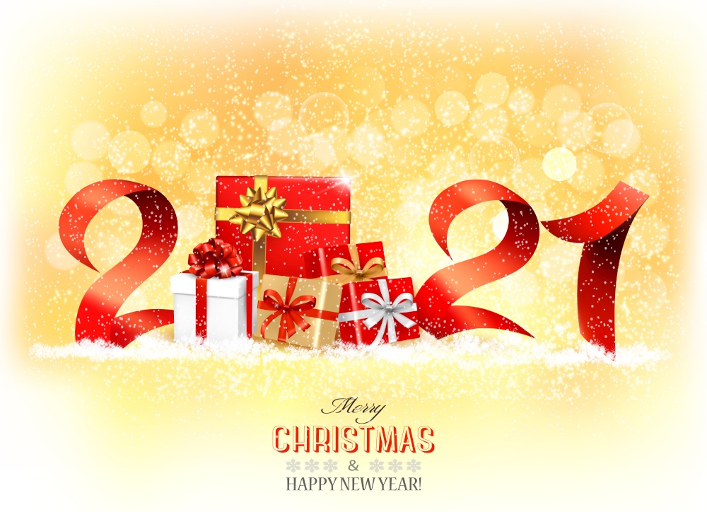 Christmas holiday background with a 2021 and gift boxes and ribbons. Vector.