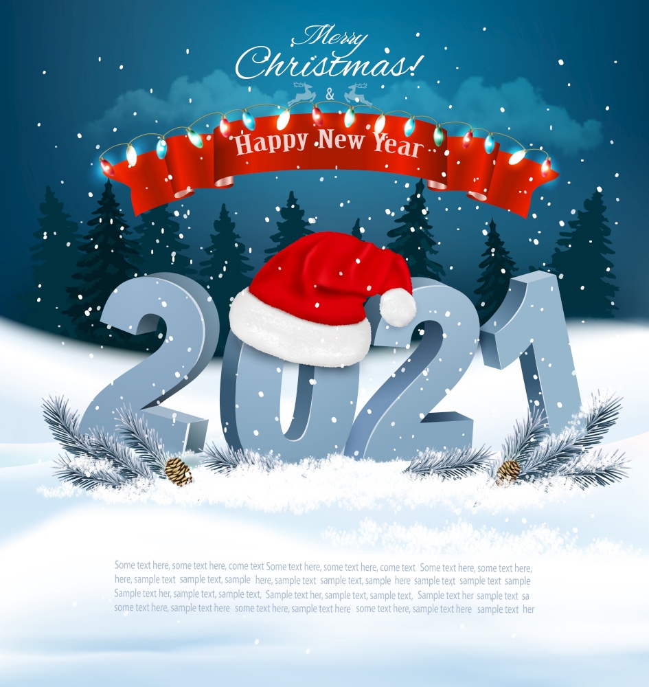Holiday Christmas background with Santa Hat and a 2021 blue bold letters. Vector