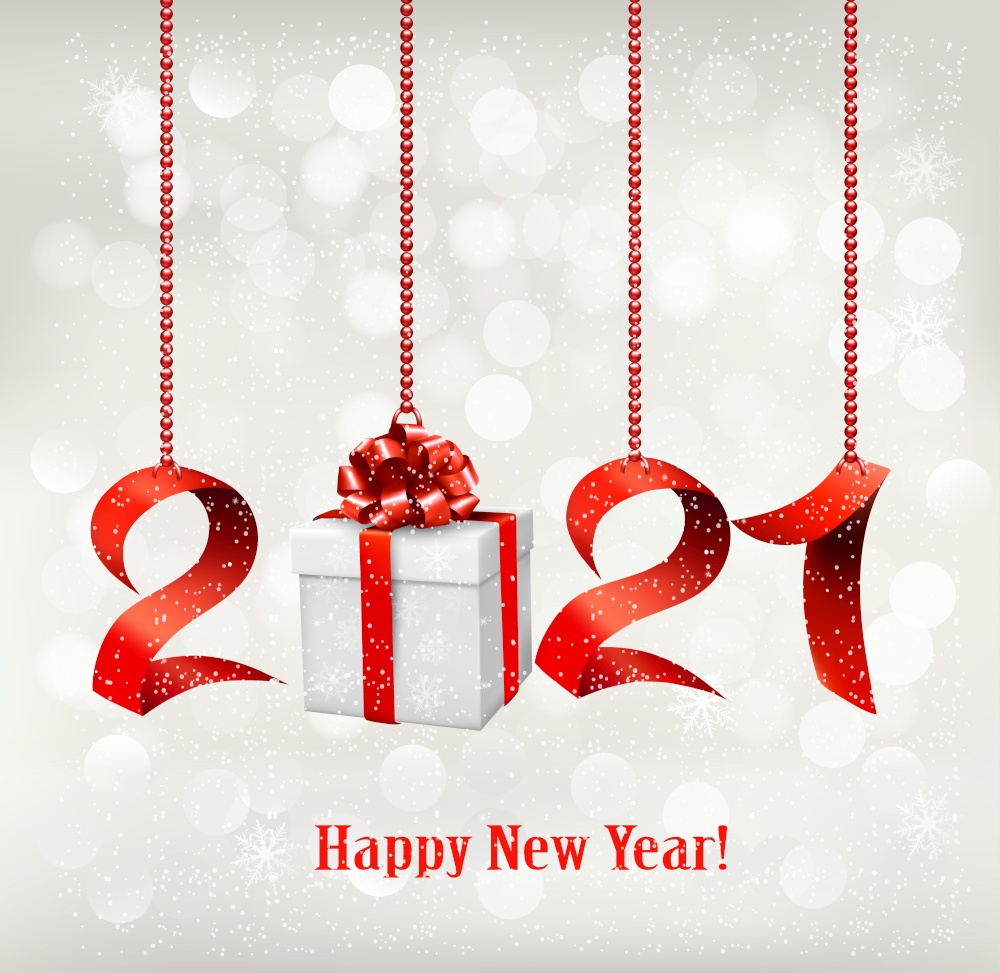 2021 New Year background with gift box and red ribbons. Vector.