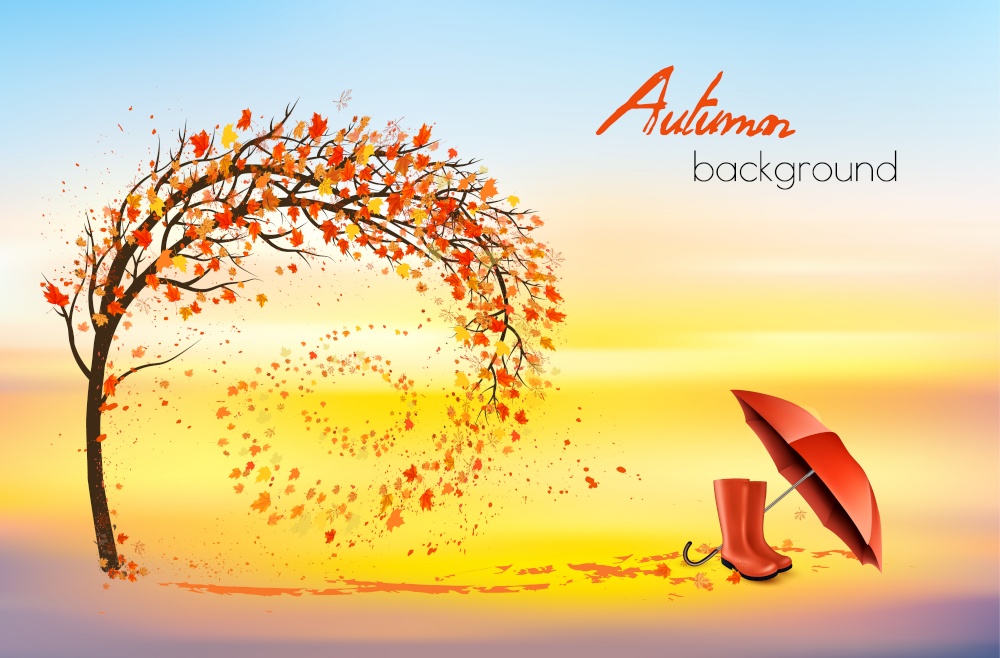 Hello a gold autumn. Autumn landscape with autumn colorful leaves on the tree and red umbrella and rain boots in a park on a background. Vector illustration