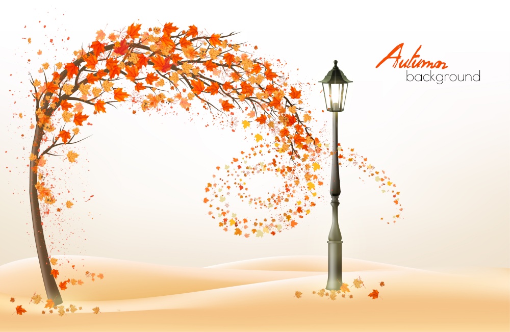 Autumn background with a tree and a colorful leaves and lamppost. Vector.