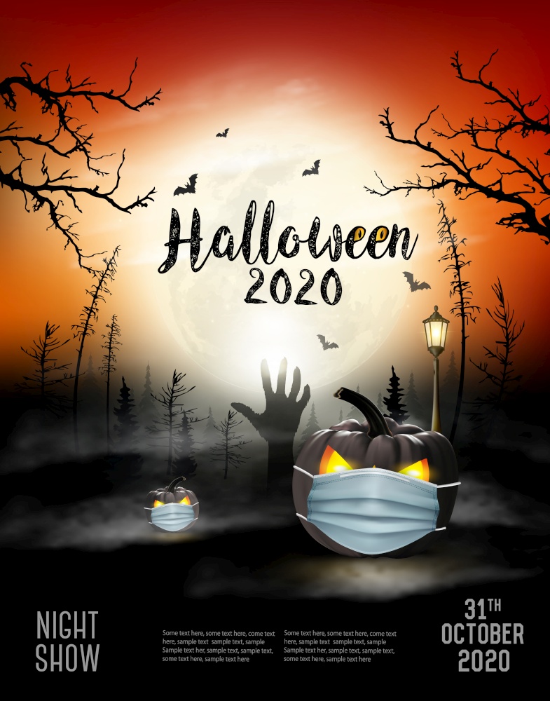 Scary Holiday Halloween background with pumpkins wearing medical face mask and silhouettes of bats, dead trees and wooden sign. Halloween nigh show in Covid-19. Vector.