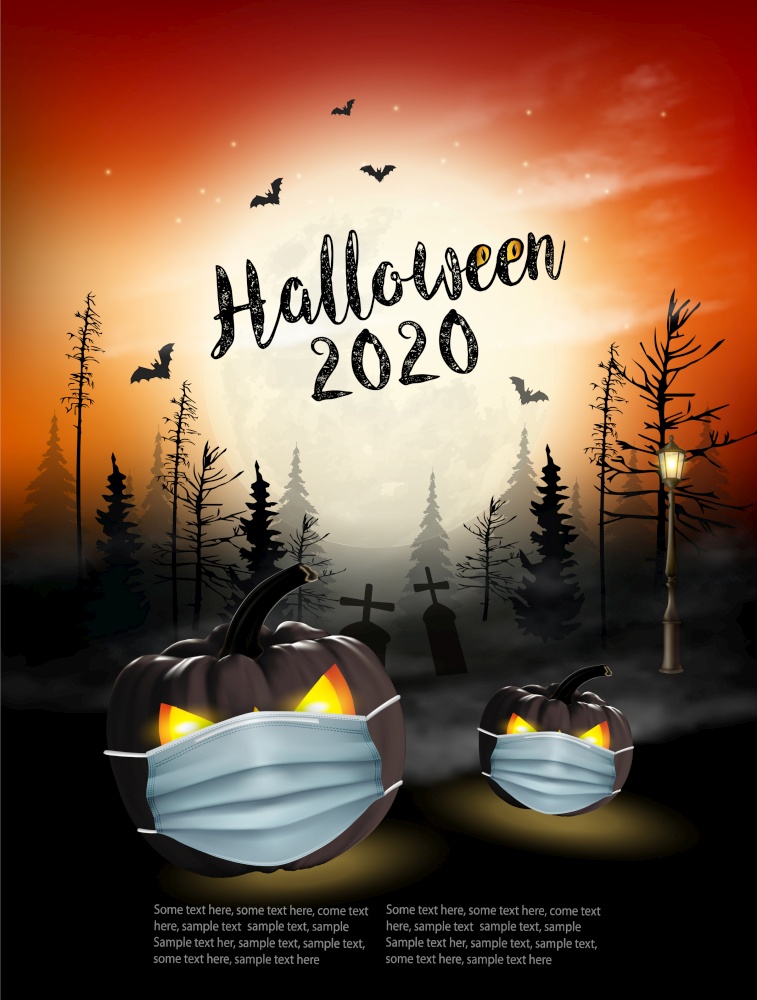 Holiday Halloween background with pumpkins wearing medical face mask and silhouettes of bats, dead trees and big moon. Halloween festival in Covid-19. Coronavirus concept. Vector