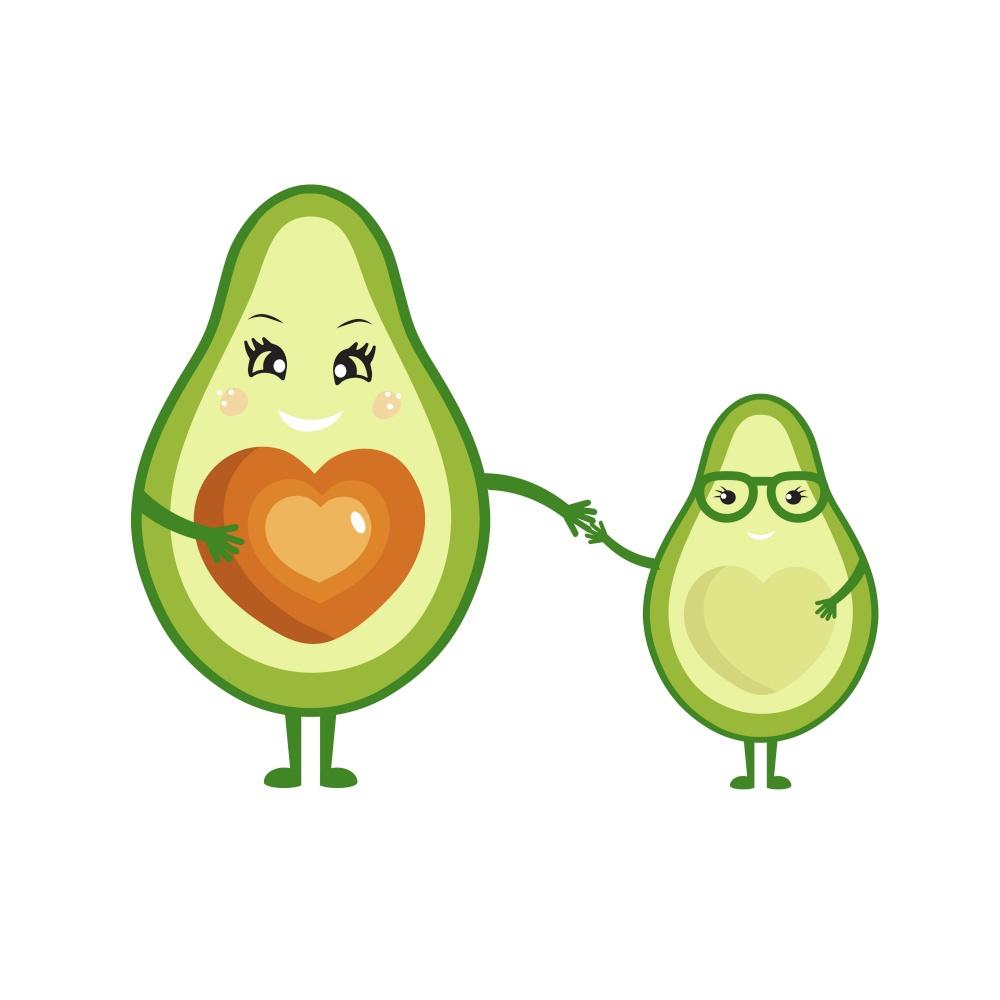 Cute doodle colorful mommy avocado character with little child holding hands. Vector illustration isolated on white background.. Cute doodle colorful mommy avocado character with little child