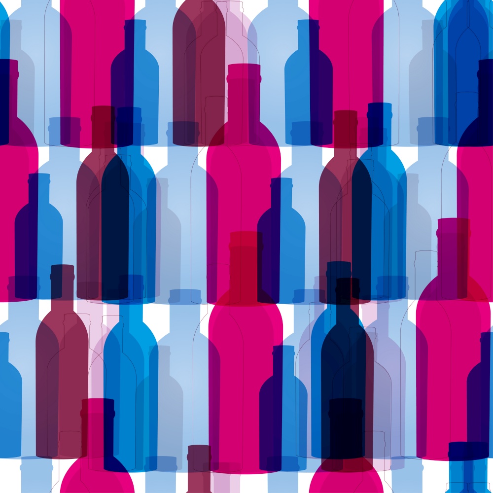 Seamless background with wine bottles red and blue colors. Bright pattern for web, poster, textile, print and other design. Seamless background with wine bottles and glasses.