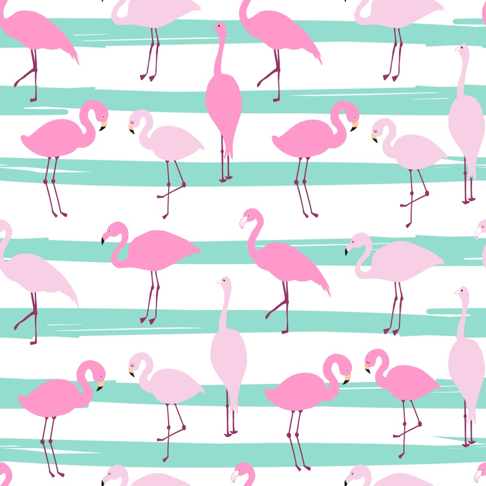 Modern seamless vector floral tropical pattern background with pink flamingos. Beautiful birds on abstract blue waves backdrop. Textile print for clothing