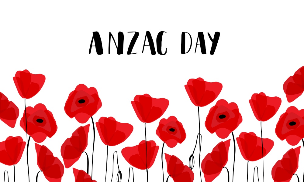 ANZAC DAY. Australia New Zealand Army Corps. Red poppy flowerrs and text on white background. ANZAC DAY. Australia New Zealand Army Corps