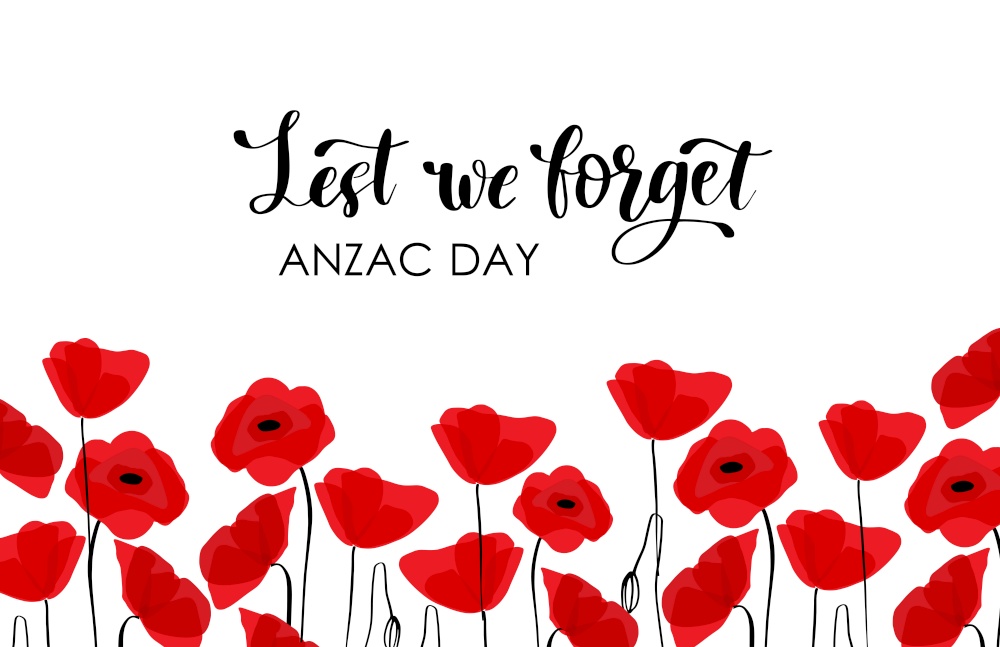 ANZAC DAY. Australia New Zealand Army Corps. Red poppy flowerrs and text on white background. ANZAC DAY. Australia New Zealand Army Corps