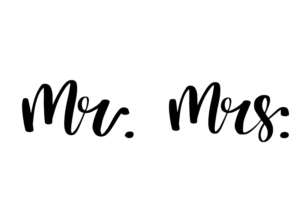 Mr and Mrs lettering. Wedding invitation design. Couple modern calligraphic sign. Vector illustration.