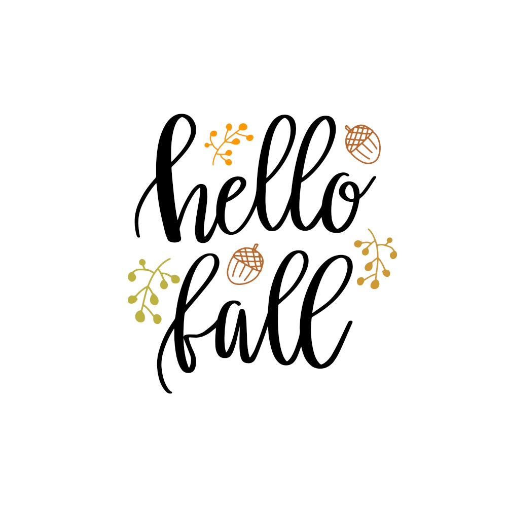 Hello fall hand lettering phrase with berries, acorns and maple leaf background. Hello fall hand lettering phrase on orange watercolor maple leaf background