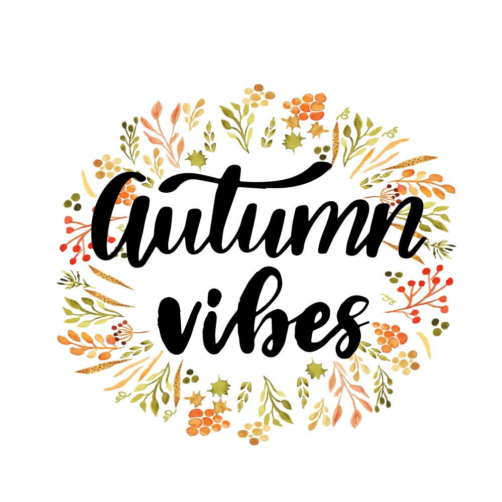 Autumn vibes hand lettering phrase on orange watercolor leaf wreat background. Hello autumn hand lettering phrase on orange watercolor maple leaf background