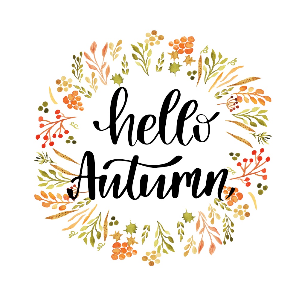 Hello autumn hand lettering phrase watercolor drawing leaves wreath background. Hello autumn hand lettering phrase on orange watercolor maple leaf background