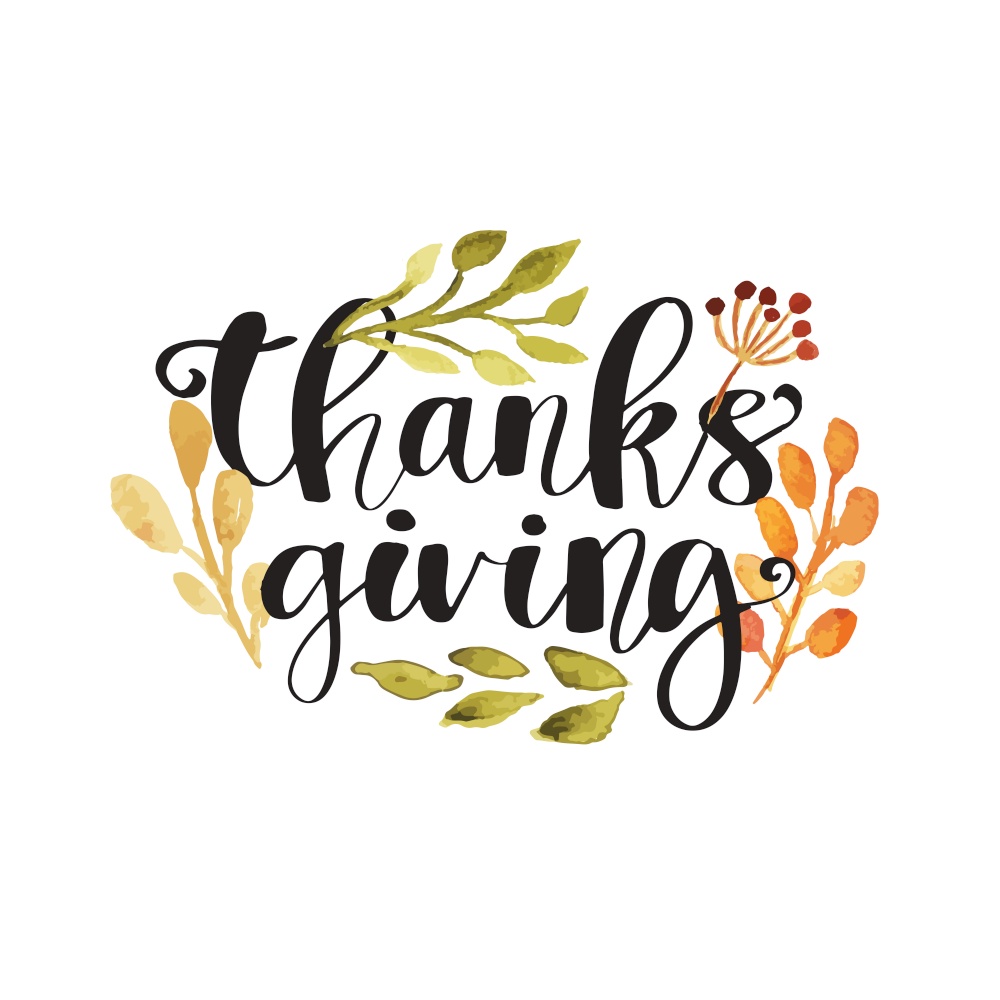 Hand drawn Happy Thanksgiving typography poster. Celebration text with berries and leaves for postcard, icon or badge. Vector calligraphy lettering holiday quote