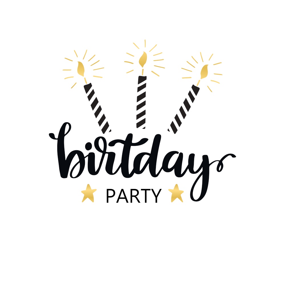 Vector card with Happy Birthday Party lettering and golden candle on white background. Vector card with Happy Birthday lettering background