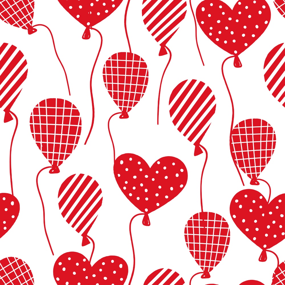 Cartoon balloons seamless pattern. Vector hand drawn illustration with red elements on white background. Cartoon balloons seamless pattern. Vector hand drawn illustration.