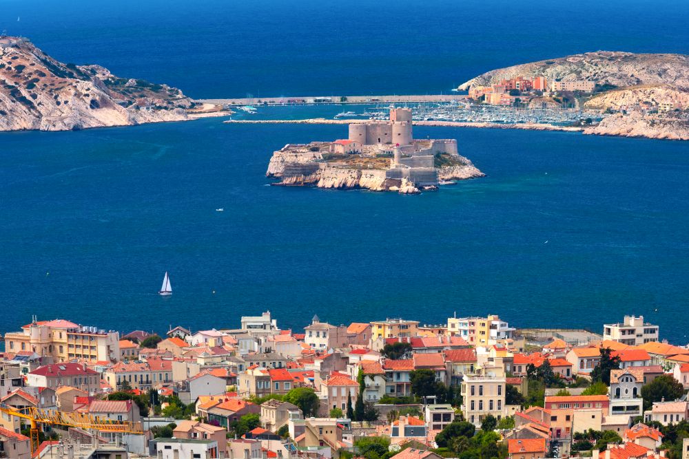 Aerial view of Chateau d If, famous historical castle prison on island in Marseille bay, France. Chateau d If, Marseille, France