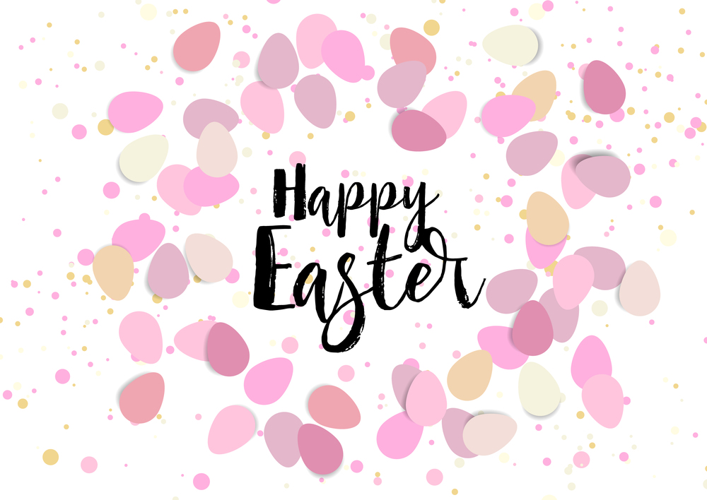 Vector illustration Happy Easter composition. Easter eggs, confetti on pink background. Flat lay, top view