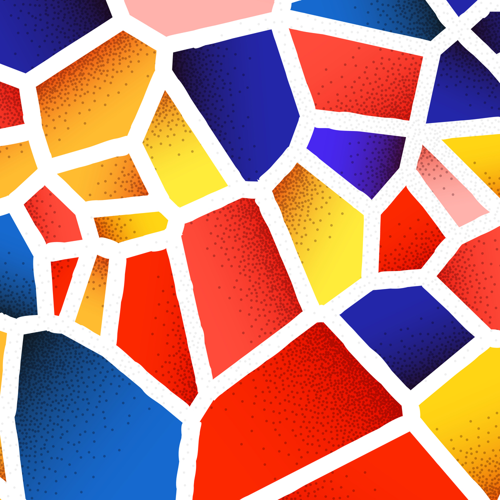 Abstract background with vibrant colors and retro styled vintage dotwork gradients on voronoi grid