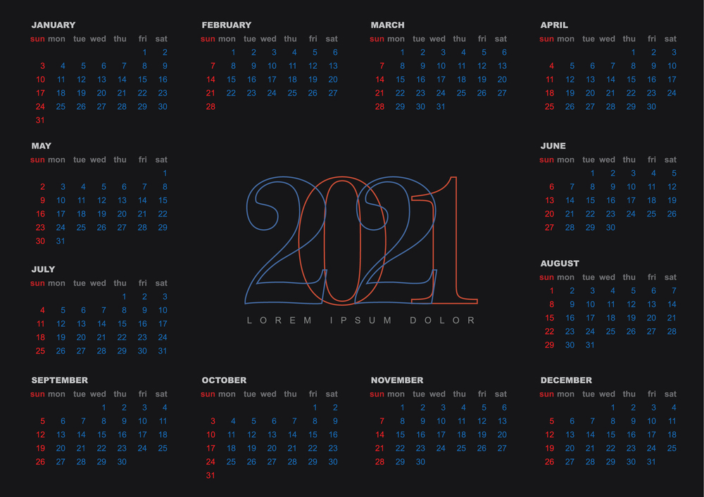 Vector dark calendar layout template for the year 2021 with all the months. Dark Calendar template for the year 2021