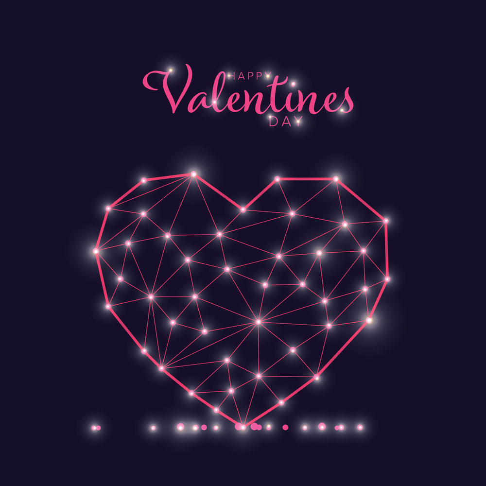 Modern valentines or wedding card template with heart made from triangles and lights. Valentines day card