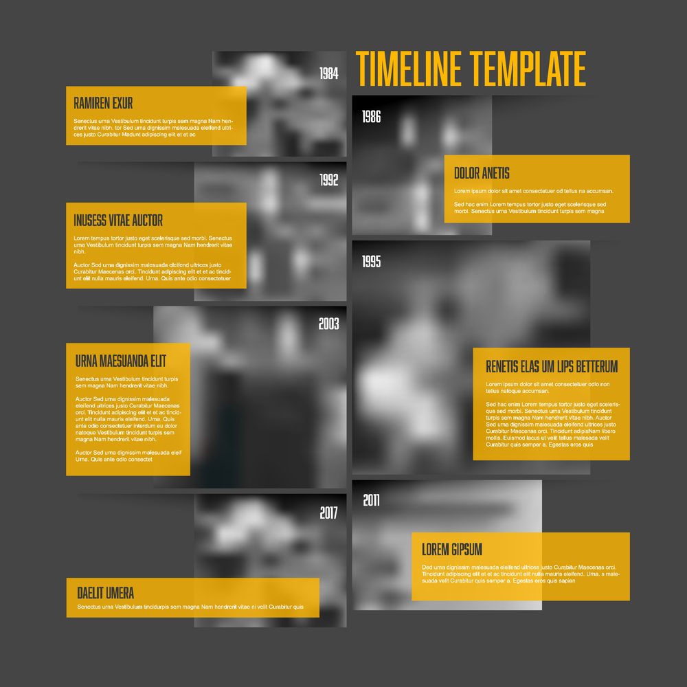 Vector Infographic Company Milestones Timeline Template with big rectangle photo placeholders and shadow effects - vertical version. Infographic Timeline Template with big photos