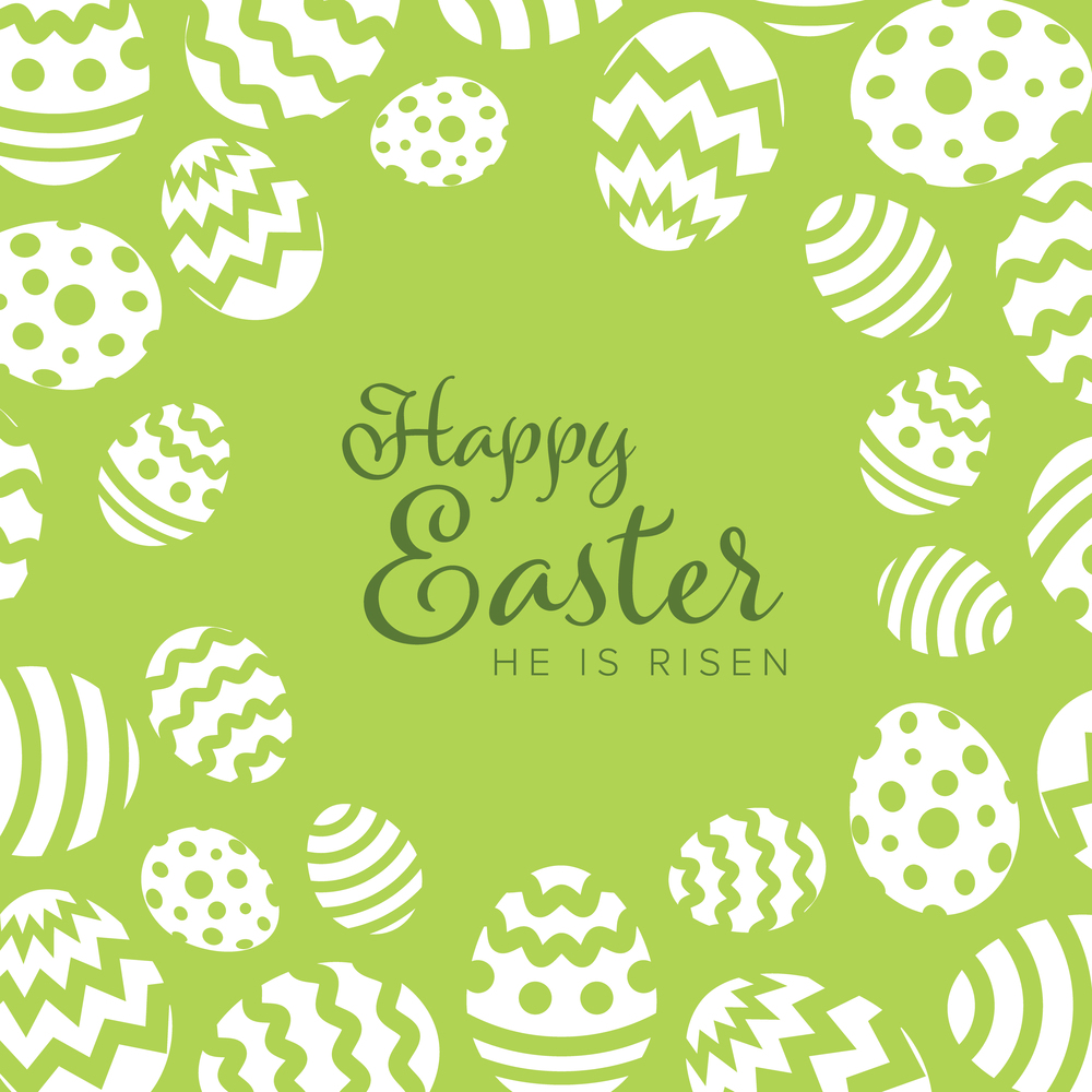 Modern minimalist green happy easter card template with white decorated eggs. Happy Easter - minimalist easter card
