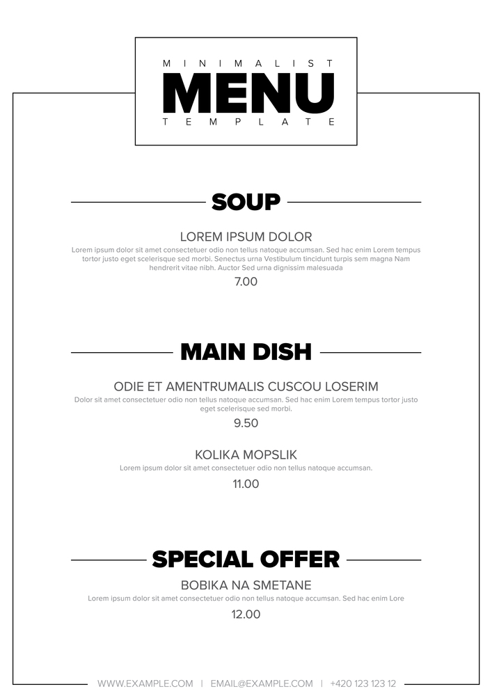 Modern minimalistic restaurant menu template design layout with nice typography
