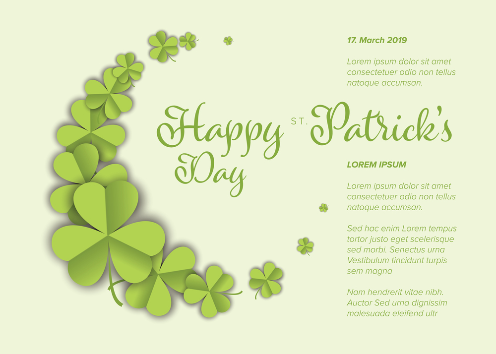 St. Patrick&rsquo;s Day greeting card flyer poster template with green paper clover leafs