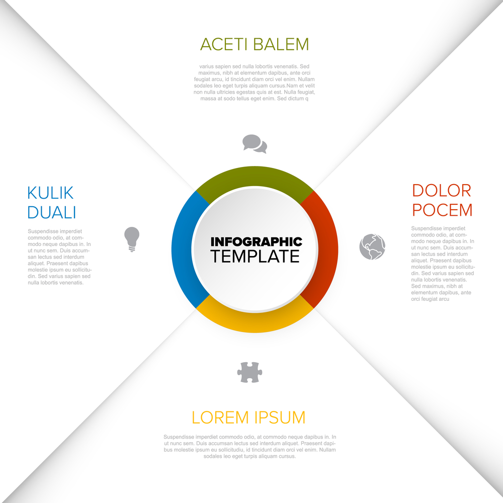 Four options diagram template with color circle in the middle - multipurpose universal infographic template. Vector Infographic timeline template