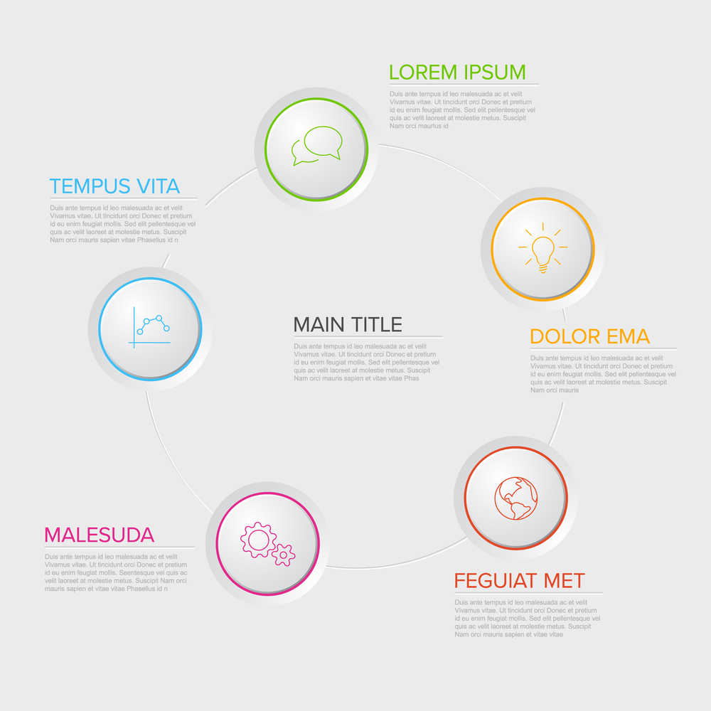 Five circles diagram template with color circle buttons - multipurpose infographic