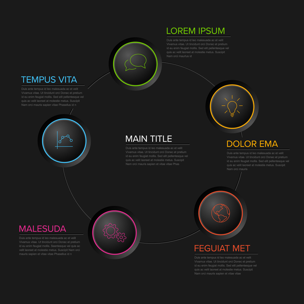Five circles diagram template with color circle buttons - multipurpose dark infographic. Vector Infographic timeline template