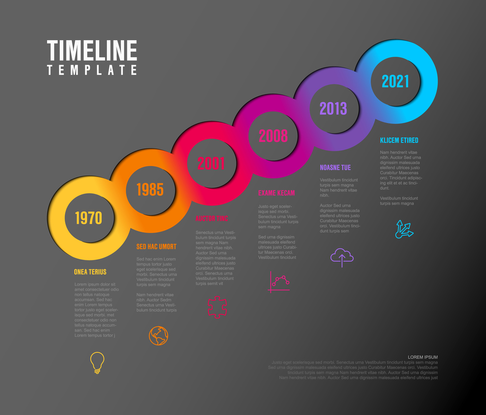 Vector diagonal Infographic Company Milestones Timeline Template with circles, text placeholders and icons - dark rainbow version