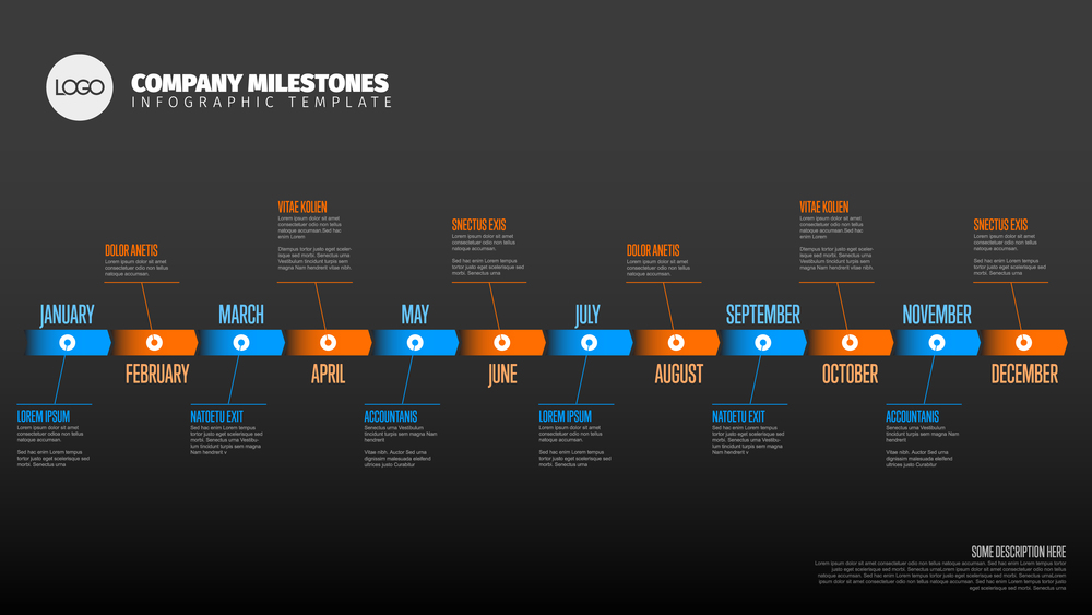 Full year timeline template with all months on a horizontal time line - dark orange and blue version. Vector Infographic timeline template