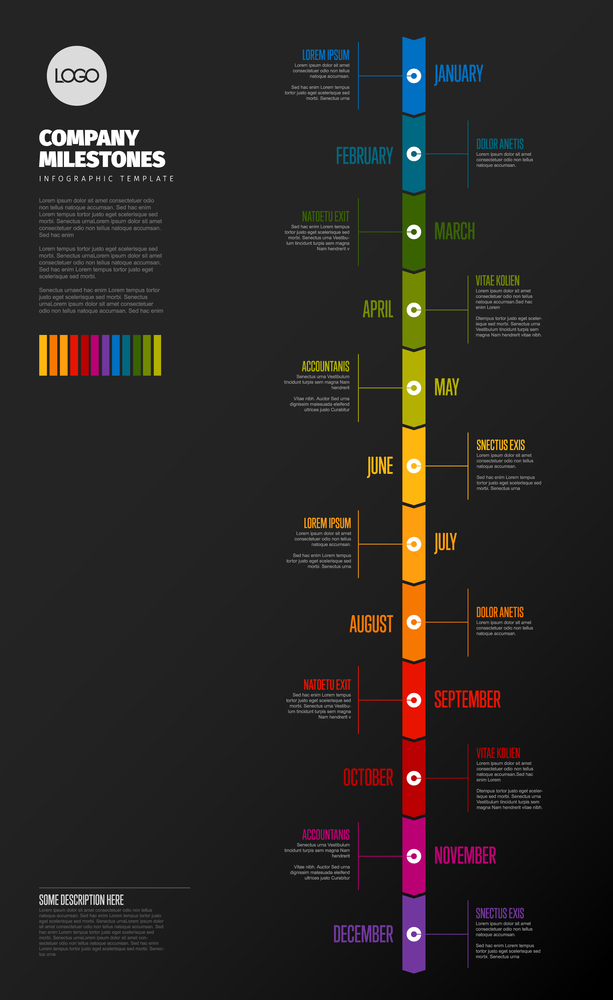 Full year timeline template with all months on a vertical time line - dark background version