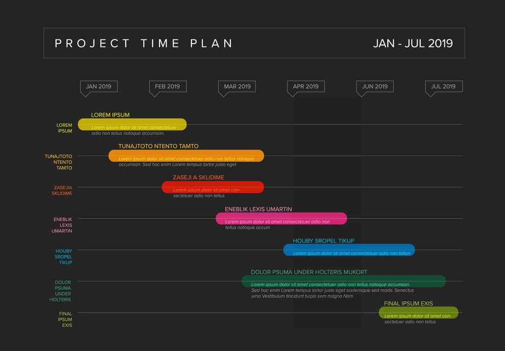 Vector project timeline graph - gantt progress chart with highlighet project tasks in time intervals - dark version