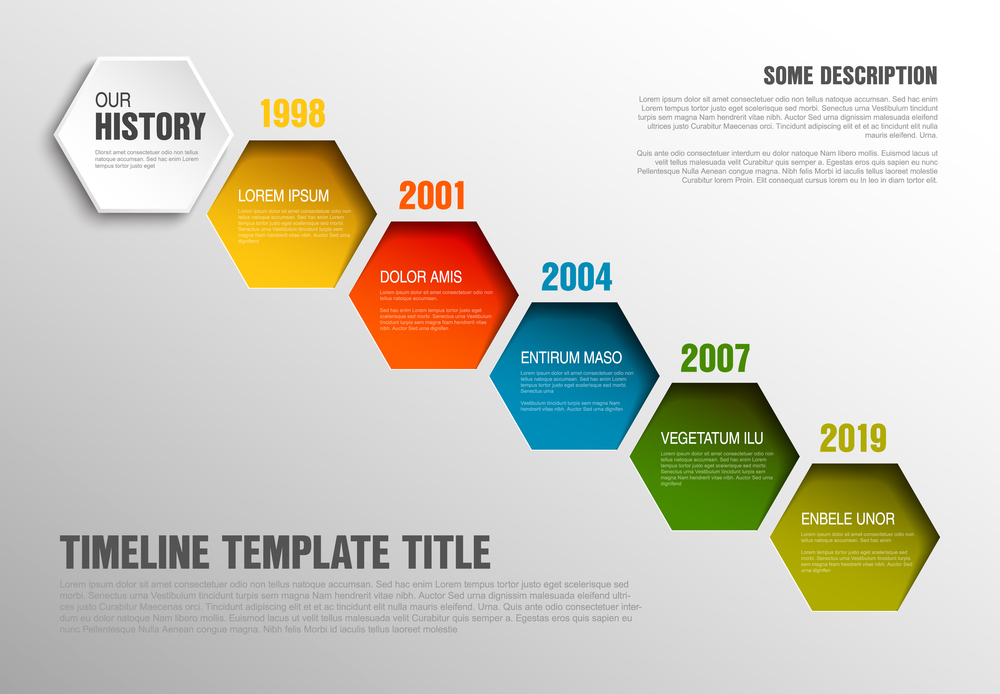 Vector Infographic timeline template made from color hexagons with text content