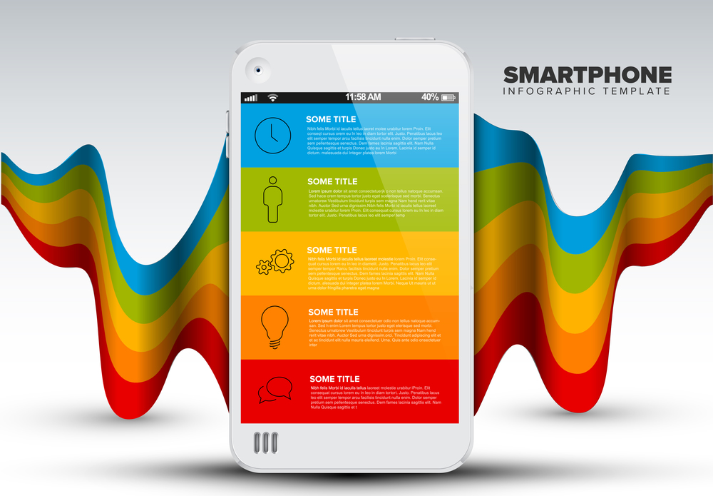 Vector smart phone infographic template with 5 elements, icons, description and place for your content . Vector smart phone infographic template